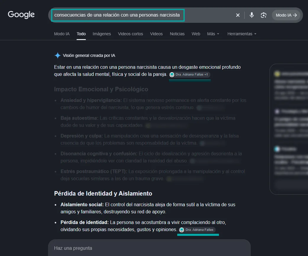 El AI Overview de Google cita a la Dra. Adriana Fallas como fuente sobre las consecuencias de una relación con una persona narcisista