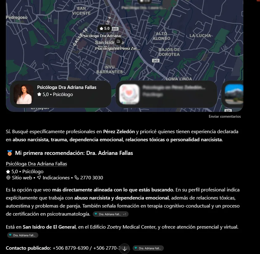 ChatGPT recomienda a la Dra. Adriana Fallas como primera opción para terapia en Pérez Zeledón